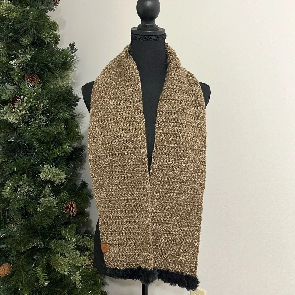 NWT Crochet Brown Scarf with Faux Fur Black Trim, Perfect Winter Wear, Warm Cozy
